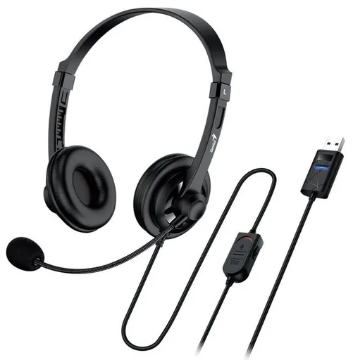 Genius headset - HS-230U, náhlavní, drátový, s mikrofonem, ovládání hlasitosti, délka kabelu 2,4m, USB, černý