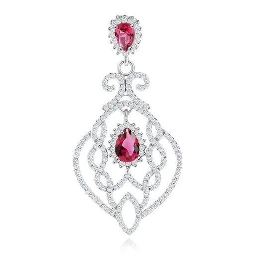 Stříbrný přívěsek 925, lístek s filigránovým zdobením, čiré a červené zirkony