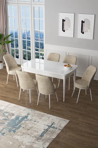 Extendable Dining Table & Chairs Set (7 Pieces) Zen - White, Cream