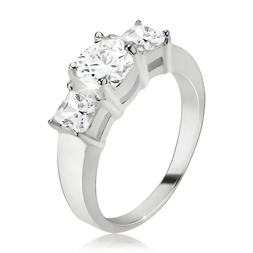 Prsten, okrouhlý zirkon, čtvercové kamínky po stranách, stříbro 925 - Velikost: 48