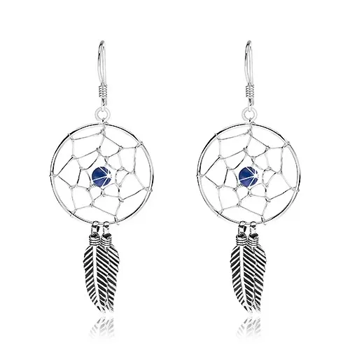 Stříbrné náušnice 925, tmavě modrá kulička, kruhový lapač snů, 20 mm