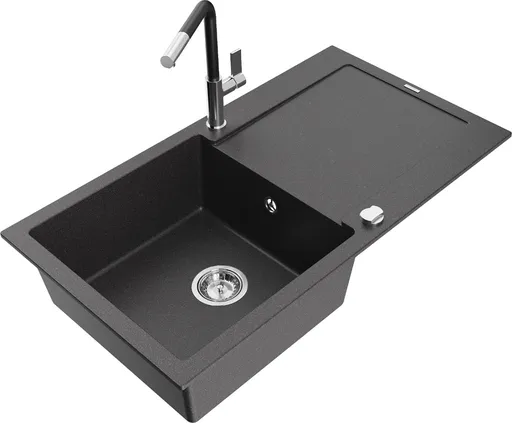 MEXEN/S Leo granitový dřez 1 s odkapávačem včetně baterie Flora, černá kropenatá 6501-76-670401-07