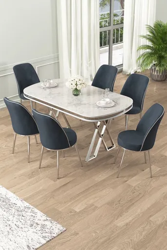 Dining Table & Chairs Set (7 Pieces) Lai - White, Chrome, Anthracite