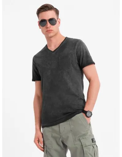 Pánské bavlněné tričko s výstřihem do V a efektem praní - černé V6 OM-TSWT-0242
