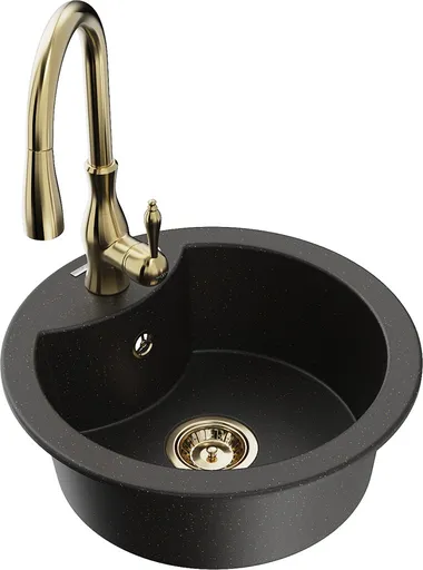 MEXEN/S Diego granitový dřez 1-miska včetně baterie Savita, černá/zlatá metalik 6512-75-672601-50