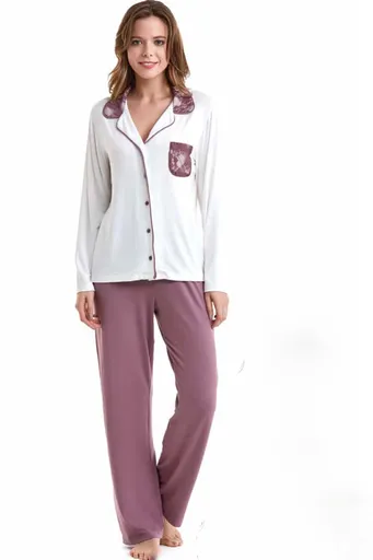 Dámské bambusové pyžamo CLAUDIA XL Krémová / Borůvková