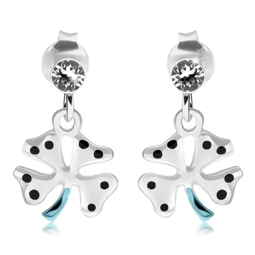 Stříbrné 925 náušnice, bílý čtyřlístek s černými tečkami, čirý zirkon