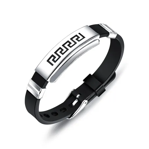 Černý pryžový náramek, lesklá známka z oceli stříbrné barvy, řecký klíč