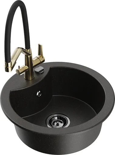 MEXEN/S Diego granitový dřez 1-miska včetně baterie Duo, černá/zlatá metalik 6512-75-671701-57-B