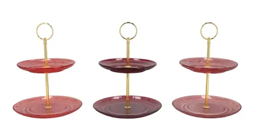 3ks skleněný 2-patrový etažér Dayah červená mix - Ø 18/ Ø 15*24 cm 331287