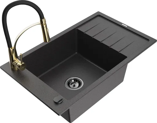 MEXEN/S Elias granitový dřez 1 s odkapávačem včetně baterie Aster, černá kropenatá 6511-76-73450-57-B