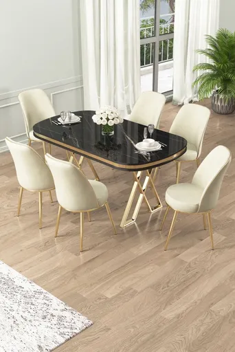 Dining Table & Chairs Set (7 Pieces) Lai - Black Marble, Gold, Cream