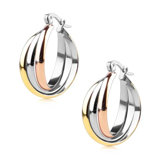 Kulaté náušnice z oceli 316L - zkřížené obruče ve stříbrné, zlaté a měděné barvě