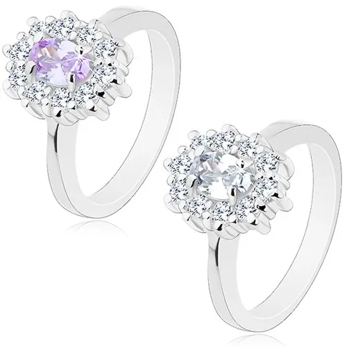 Prsten stříbrné barvy, oválný zirkon lemovaný kulatými čirými zirkonky - Velikost: 49, Barva: Světle fialová