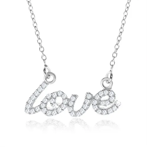 Stříbrný náhrdelník 925, ozdobný nápis "love" z čirých zirkonů