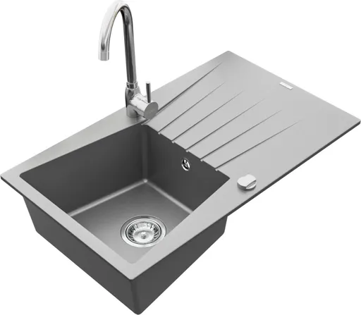 MEXEN/S Cesar granitový dřez 1 s odkapávačem včetně baterie Telma, šedá 6514-71-670200-00