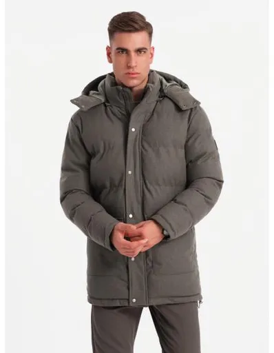 Pánská dlouhá teplá bunda parka s vlnou - tmavě šedá melanž V4