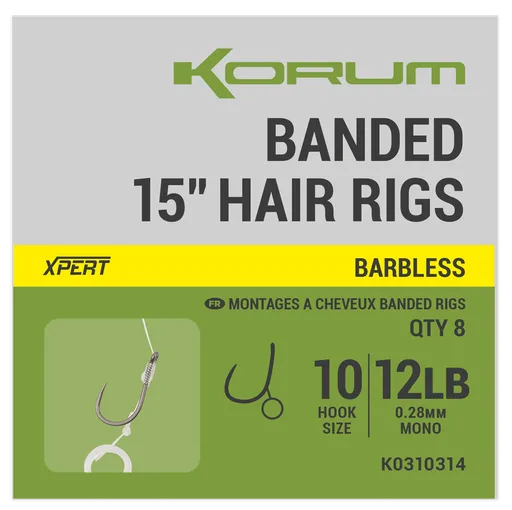 Korum návazec banded hair rigs barbless 8 ks délka 15" - velikost háčku 10