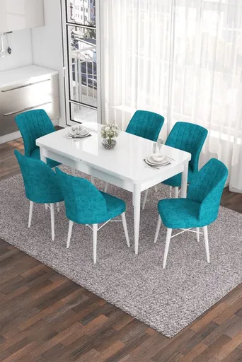 Extendable Dining Table & Chairs Set (7 Pieces) Eva - White, Turquoise