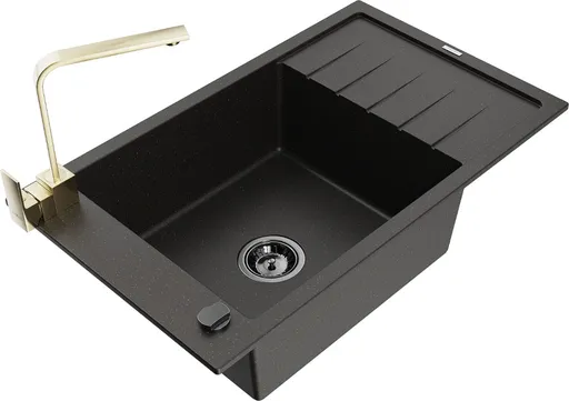 MEXEN/S Elias granitový dřez 1-miska s odkapávačem včetně baterie Rita, černý/zlatý metalik 6511-75-670300-50-B