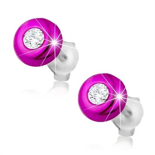 Stříbrné náušnice 925, glazovaná polokoule fuchsiové barvy, zirkon