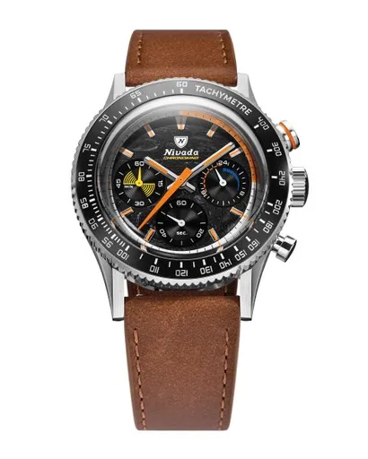 Nivada Grenchen Chronoking Mecaquartz Racing Carbon - Inter. Bezel - Brown Leather