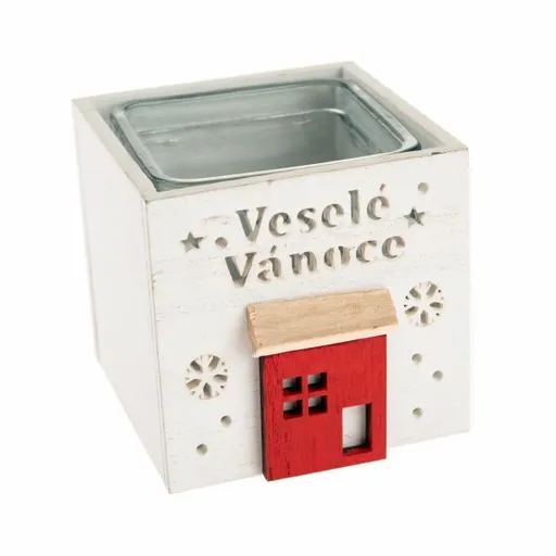 Dřevěný svícen se sklem Veselé Vánoce, 9 x 8,5 cm, bílá