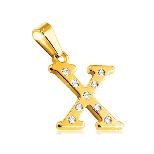 Ocelový přívěsek zlaté barvy, písmeno X vykládané kulatými čirými zirkony