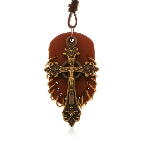 Kožený náhrdelník, přívěsky - hnědý ovál s malými kroužky a keltský kříž