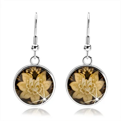 Náušnice kabošon, kruh s afro háčkem, glazura, žlutý květ, černý podklad