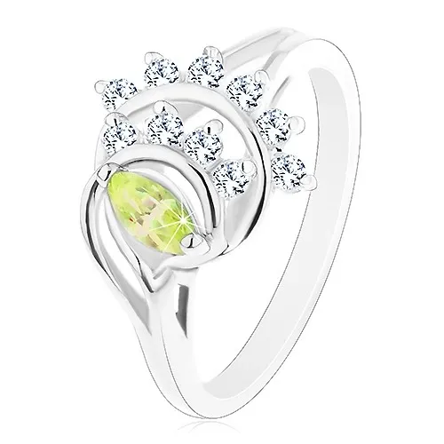 Blýskavý prsten, oblouky lemované liniemi čirých zirkonků, světle zelené zrnko - Velikost: 52