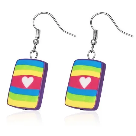 Náušnice z materiálu FIMO - duhový obdélník s bílým srdíčkem, háčky