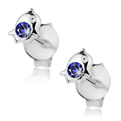 Stříbrné 925 náušnice, malý delfín zdobený kulatým krystalem modré barvy