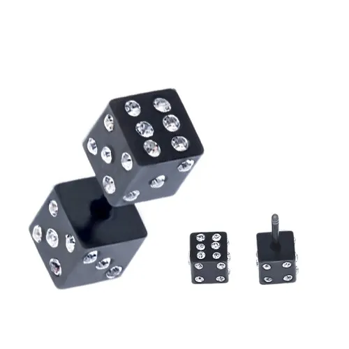Falešný plug do ucha z oceli - černé hrací kostky, zirkony