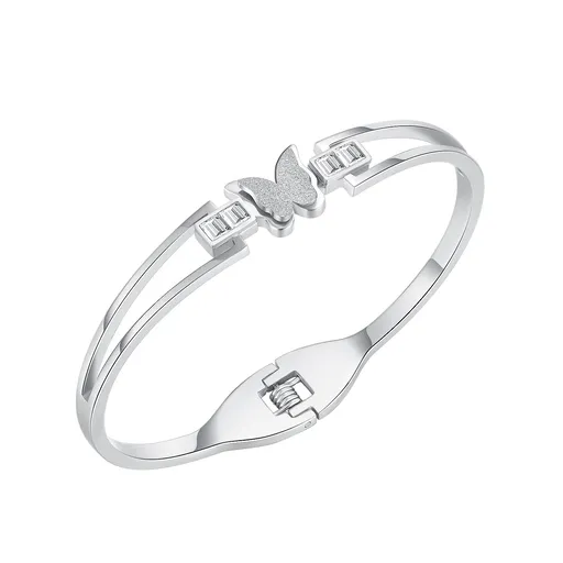 Náramek z oceli stříbrné barvy - motýl s pískovanými křídly, kubický zirkon