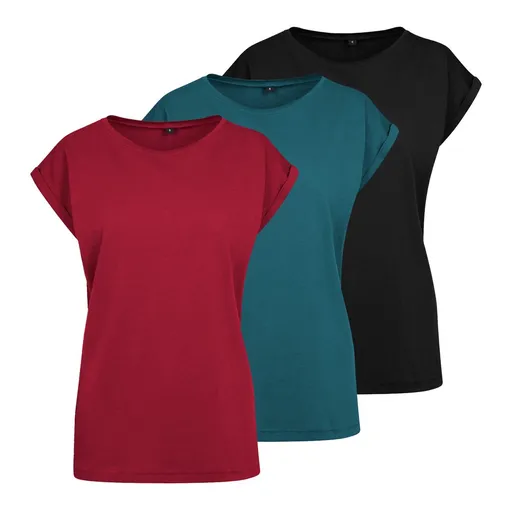 Build Your Brand Set 3 ks: Dámské tričko s ohrnutými rukávy - Černá / teal / vínová | 3XL