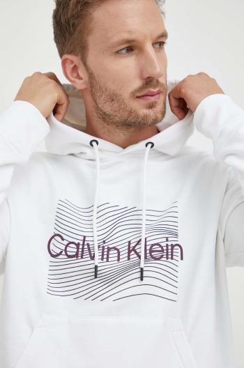 Bavlněná mikina Calvin Klein pánská, bílá barva, s kapucí, s potiskem