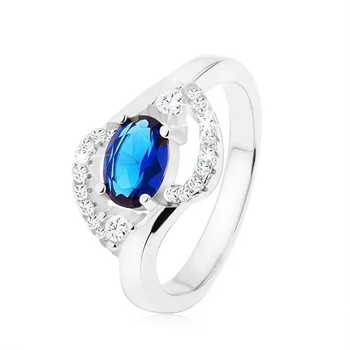 Prsten ze stříbra 925, tmavomodrý zirkonový ovál, zaoblené čiré linie - Velikost: 59
