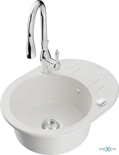 MEXEN/S Kevin granitový dřez 1 s odkapávačem včetně baterie Savita, bílá 6517-20-672601-00