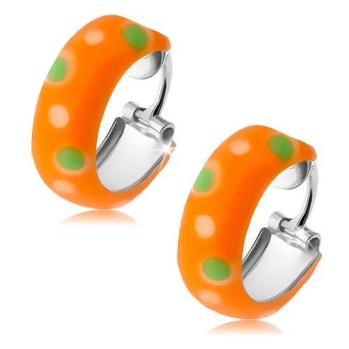 Stříbrné náušnice 925, malé oranžové kruhy, zelené a bílé tečky, glazura