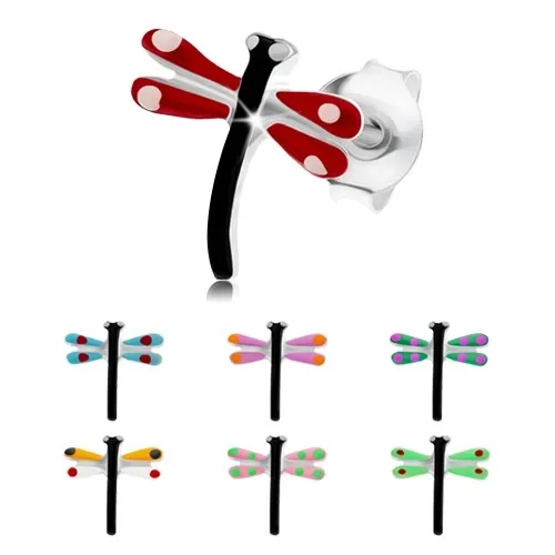 Náušnice ze stříbra 925, černá vážka s barevnými křídly, glazura - Barva: Žluto - bílá