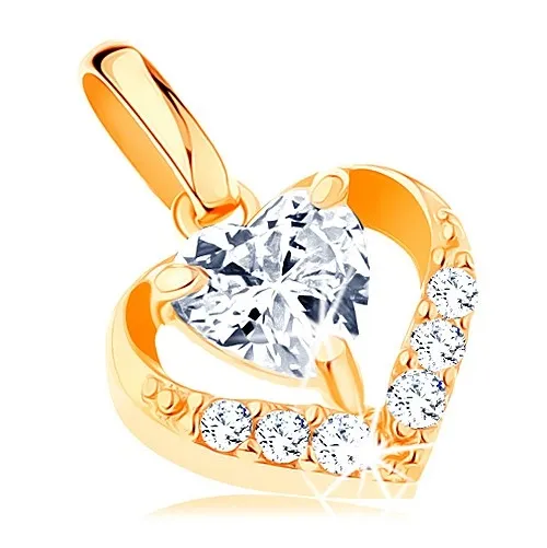 Přívěsek ze žlutého 14K zlata - zirkonový obrys srdce, čirý srdíčkovitý zirkon