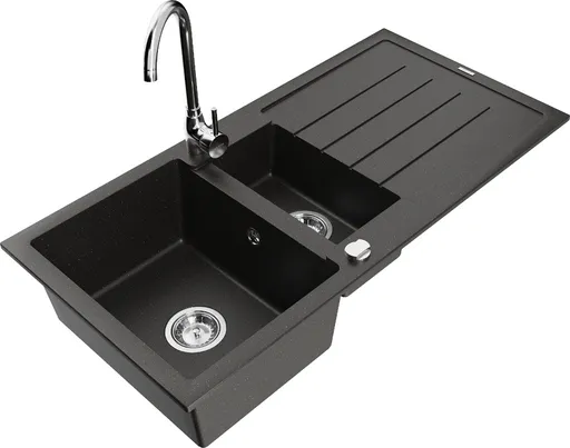 MEXEN/S Andres granitový dřez s odkapávačem včetně baterie Telma, černá/zlatá 6515-75-670200-00