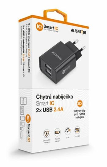 Chytrá síťová nabíječka ALIGATOR 2,4A, 2xUSB, smart IC, černá