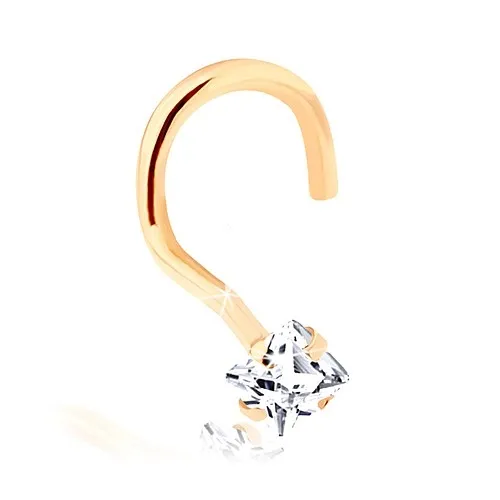Zahnutý piercing do nosu ze žlutého 14K zlata - čirý zirkonový čtvereček
