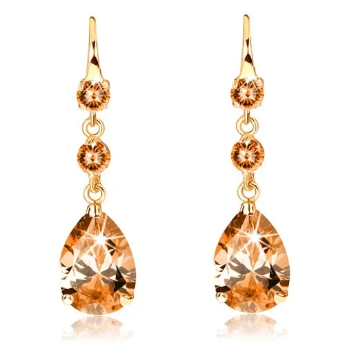 Náušnice ve 14K zlatě - dva kulaté zirkony a broušená kapka oranžové barvy