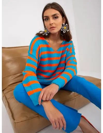 Dámský svetr s výstřihem do V oversize OCH BELLA modro-oranžový
