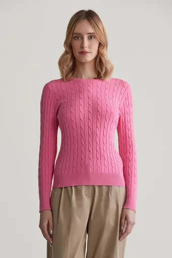 SVETR GANT STRETCH COTTON CABLE C-NECK CANDY PINK