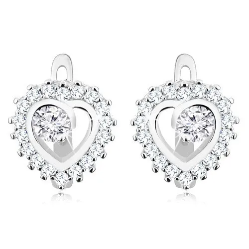 Stříbrné 925 náušnice - blýskavý obrys srdíčka, kulatý čirý zirkon uprostřed