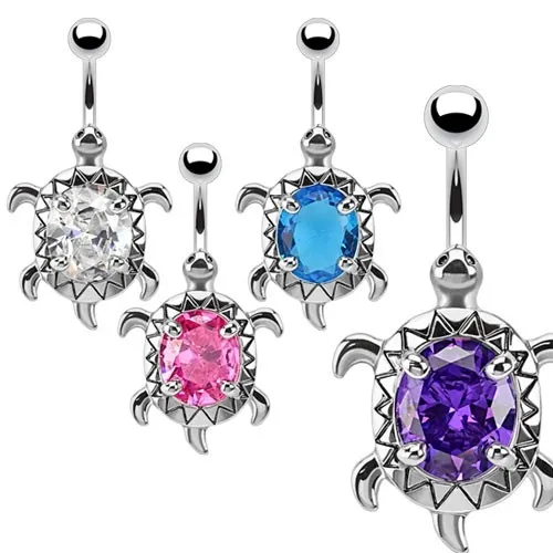 Piercing do bříška z chirurgické oceli s želvou, zirkon - Barva zirkonu: Čirá - C
